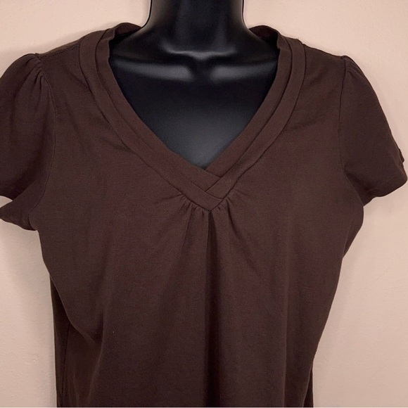 LARGE ST JOHNS BAY BROWN SHORT SLEEVE TOP PUFF SLEEVE VNECK COTTON - Picture 3 of 12
